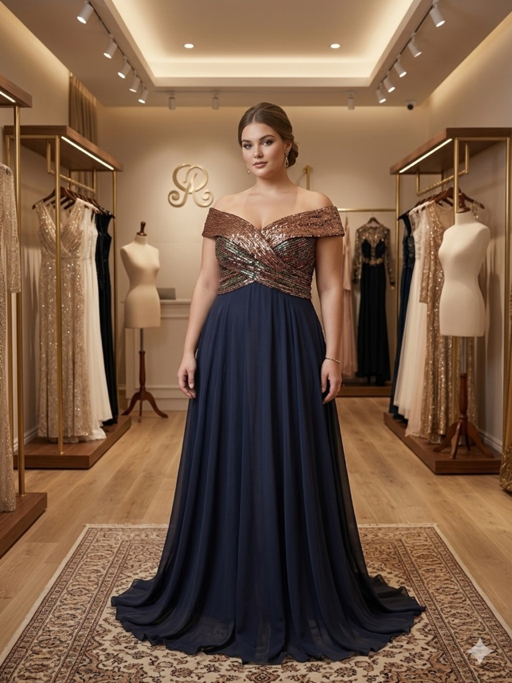 SHEIN Navy Chiffon Gown with Bronze Sequin Off-Shoulder Bodice